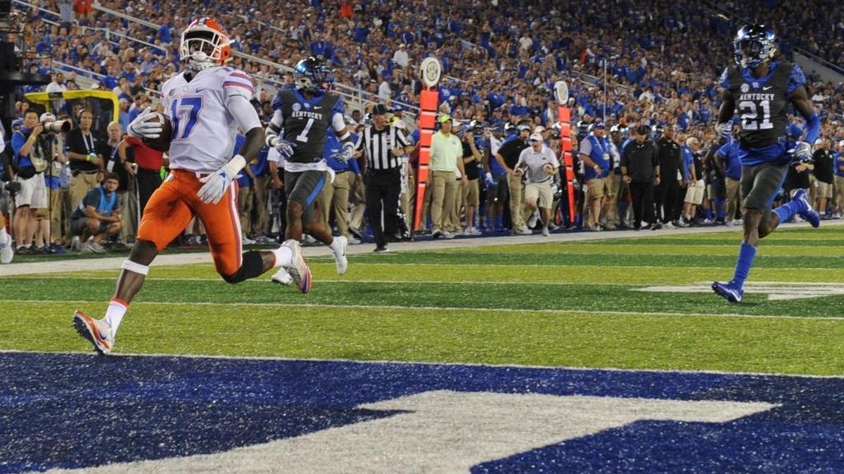 Florida wide receiver Kadarius Toney scored on a 36-yard run out of the Wildcat formation during the second quarter of Florida’s 28-27 win over Kentucky last season at Kroger Field.