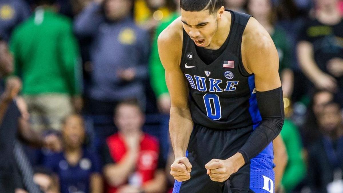 Duke’s Jayson Tatum (0) celebrates after a basket during the second half of the Blue Devils’ 84-74 win over Notre Dame on Monday, Jan. 30, 2017, in South Bend, Ind.