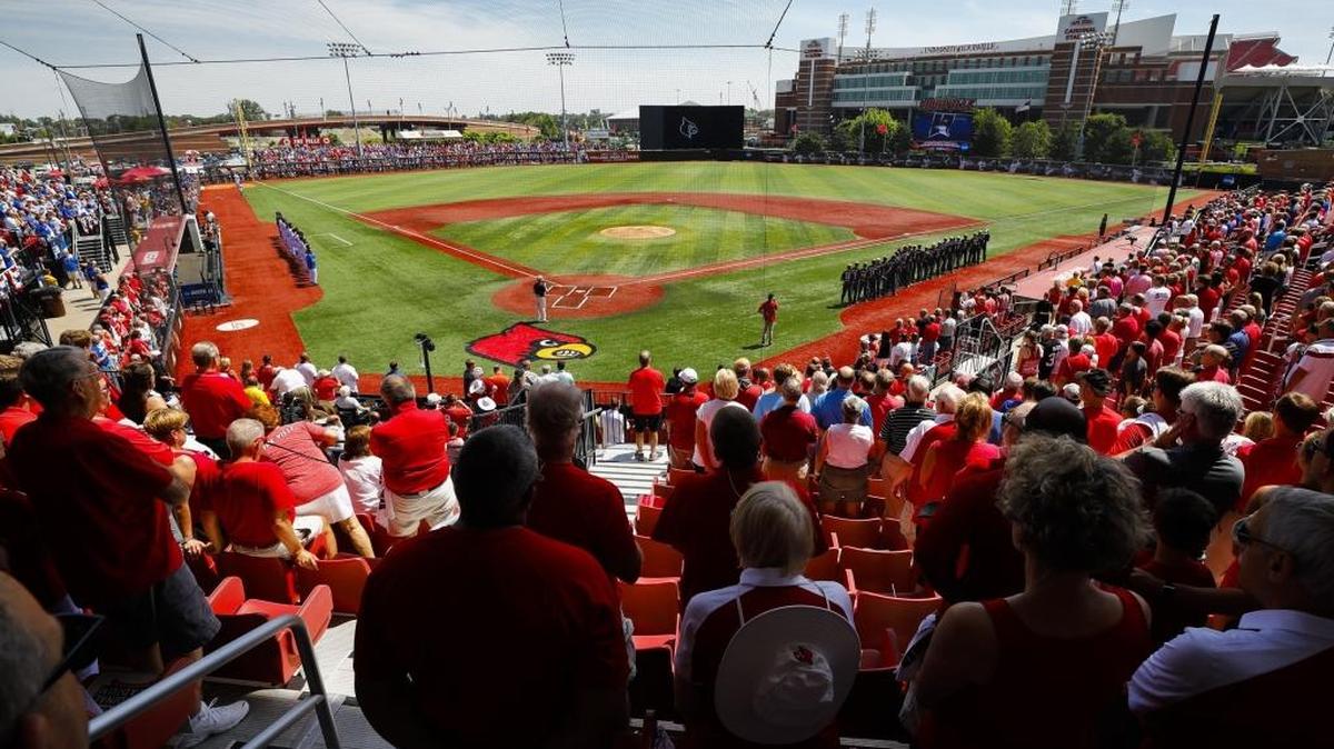 Fans fill the seats as the national anthem is played before an NCAA baseball super regional between Kentucky and Louisville at Jim Patterson Stadium in Louisville, Ky., Saturday, June 10, 2017. Louisville beat Kentucky 6-2 to advance to the College World Series.