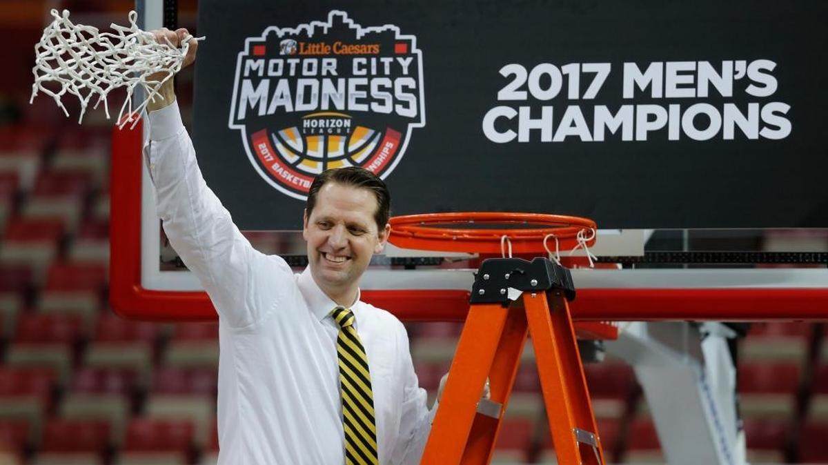 Northern Kentucky head coach John Brannen celebrates their 59-53 victory over Milwaukee after the Horizon League NCAA college basketball tournament championship game in Detroit, Tuesday, March 7, 2017. It’s NKU’s first trip to the NCAA Tournament.