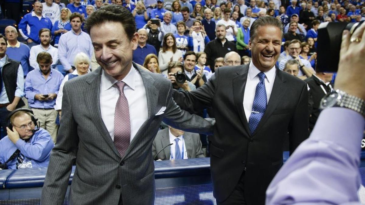 Louisville head coach Rick Pitino laughed with Kentucky head coach John Calipari before their game in Rupp Arena in 2015. Kentucky won 75-73. Pitino was fired as Louisville’s coach in October.