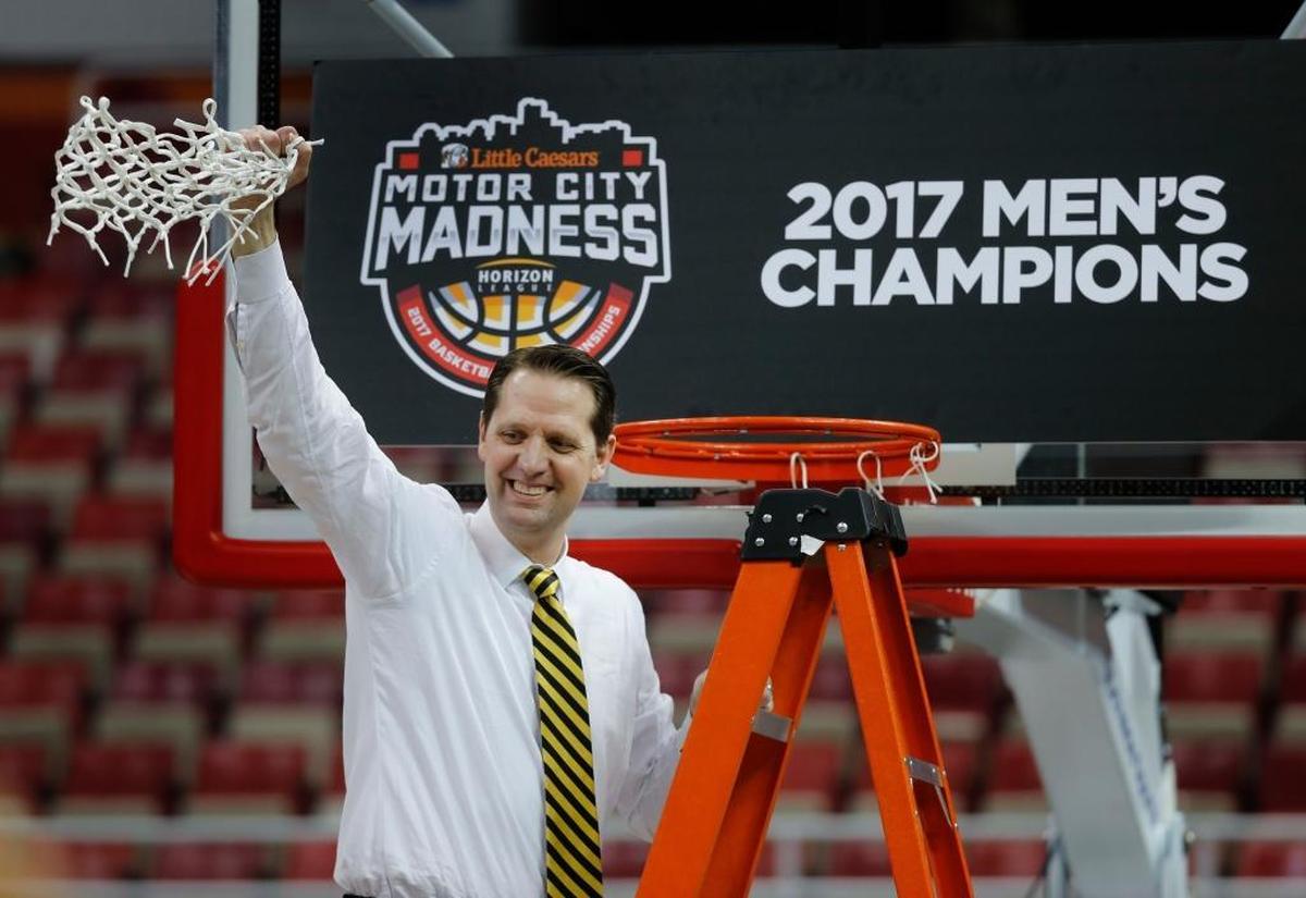 Northern Kentucky men’s basketball coach John Brannen, a Newport Central Catholic alumnus, celebrated after the Norse won the 2017 Horizon League Tournament.