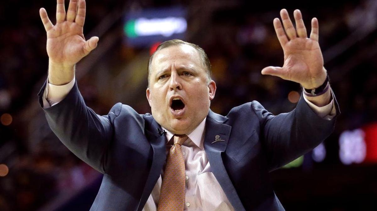 In this April 5, 2015, file photo, Chicago Bulls head coach Tom Thibodeau directs his players during the fourth quarter of an NBA basketball game against the Cleveland Cavaliers in Cleveland. A person with knowledge of the situation tells The Associated Press Wednesday, April 20, 2016, that the Minnesota Timberwolves have opened negotiations with the former Bulls coach to be the team's new coach and president of basketball operations.