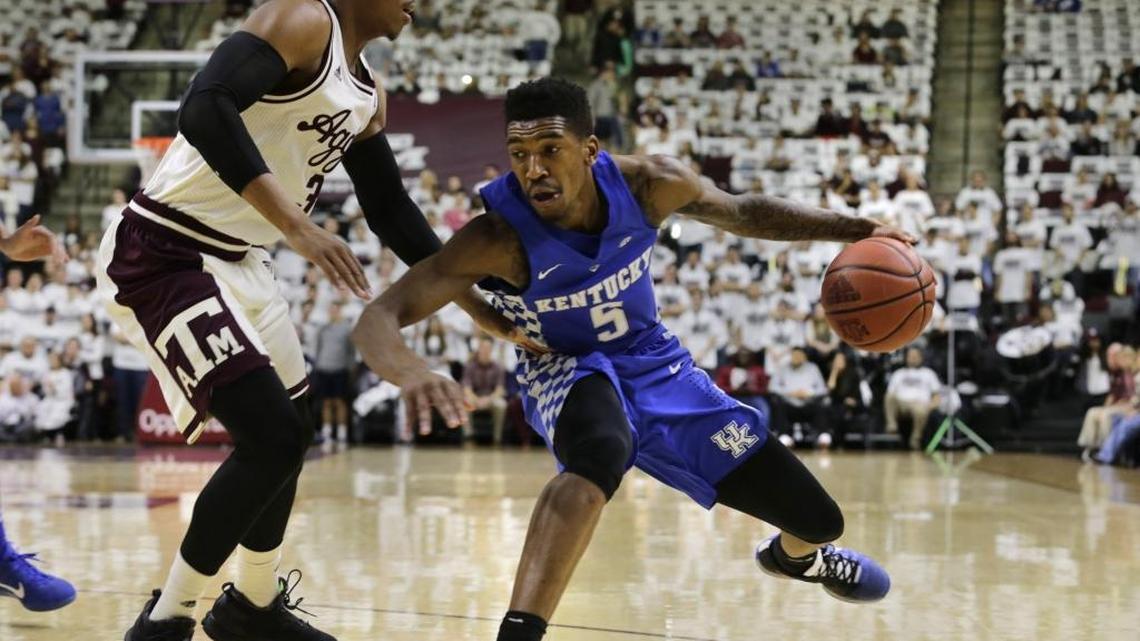 Kentucky guard Malik Monk (5) was guarded by Texas A&M guard Admon Gilder (3) in the first half of the Kentucky at Texas A&M at Reed Arena in College Station, Texas, on March 4, 2017.