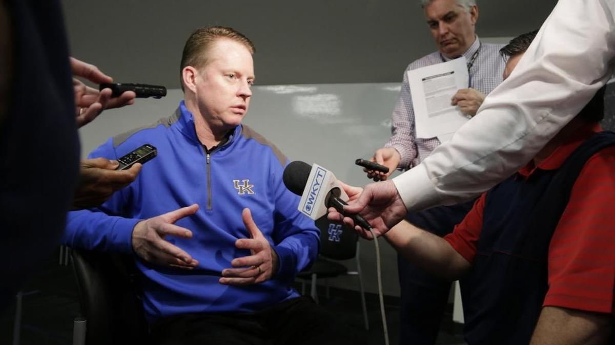 Darin Hinshaw, recently named co-offensive coordinator and quarterbacks coach for Kentucky, spoke to reporters at Commonwealth Stadium on Feb. 3.