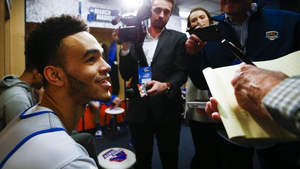 Kentucky sophomore forward Sacha Killeya-Jones (1) answers questions during media availability Friday at Taco Bell Arena in Boise. Kentucky will play Buffalo Saturday in the second round of the NCAA Tournament’s South Region. The winner advances to Atlanta next week.