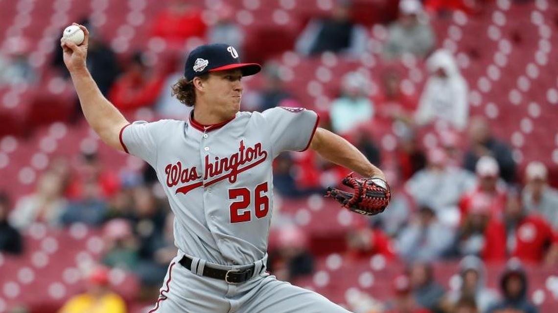 Washington Nationals relief pitcher Trevor Gott throws in the ninth inning of a baseball game against the Cincinnati Reds, Saturday, March 31, 2018, in Cincinnati. The former Tates Creek and UK star made the Nationals’ roster after a strong spring.