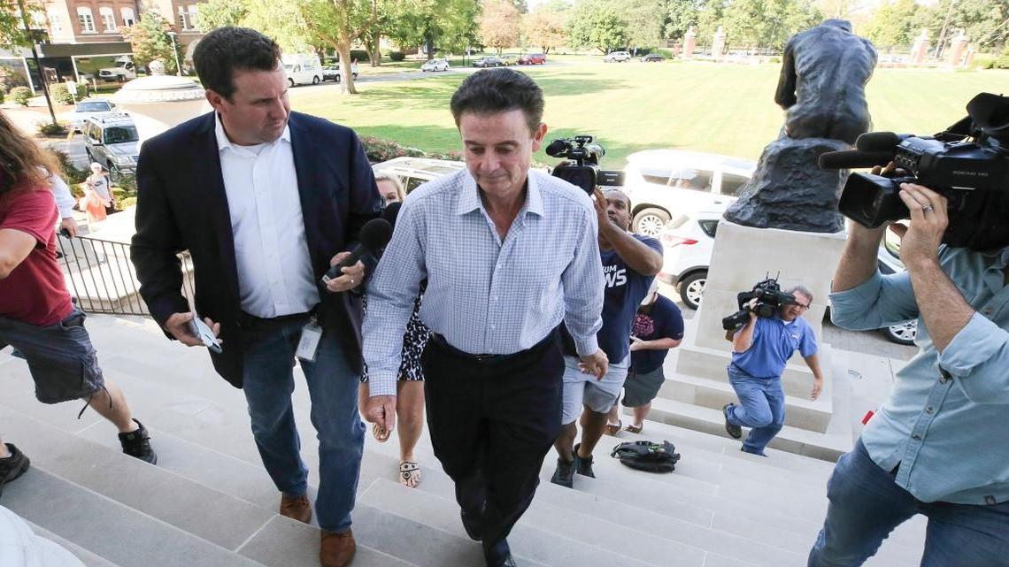 Louisville men’s basketball coach Rick Pitino arrives at Grawemeyer Hall for a meeting with the university’s interim president Greg Postel, Wednesday, Sept. 27, 2017, in Louisville. Ky. Louisville announced Wednesday that they have placed Pitino and athletic director Tom Jurich on administrative leave amid a federal bribery investigation.