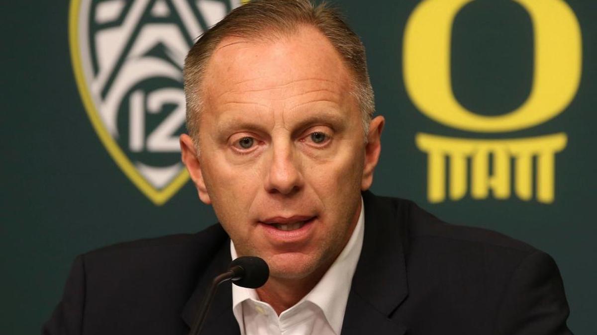 Oregon Athletic Director Rob Mullens talks to media after firing NCAA college football head coach Mark Helfrich Tuesday, Nov. 29, 2016.