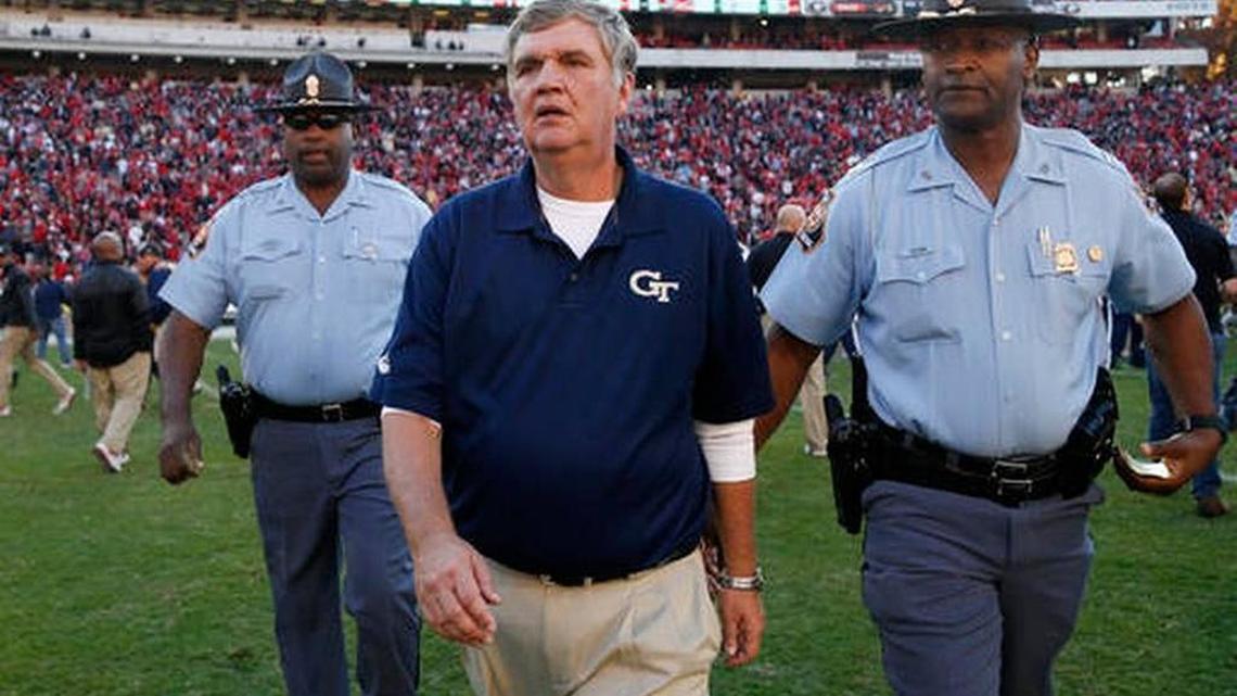 Georgia Tech head football coach Paul Johnson walks off the field after a 28-27 victory against Georgia on Saturday, Nov. 26, 2016, in Athens, Ga. Johnson’s Yellow Jackets will play Kentucky in the Taxslayer Bowl on Dec. 31, 2016 in Jacksonville, Fla.