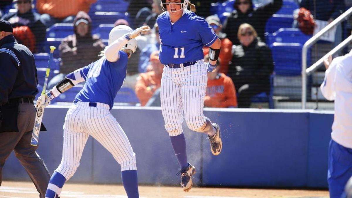 Kentucky’s Abbey Cheek (11) scored on a passed ball in the second inning as No. 3-ranked Auburn defeated Kentucky 6-5 on Saturday, April 2, 2016, in Lexington.