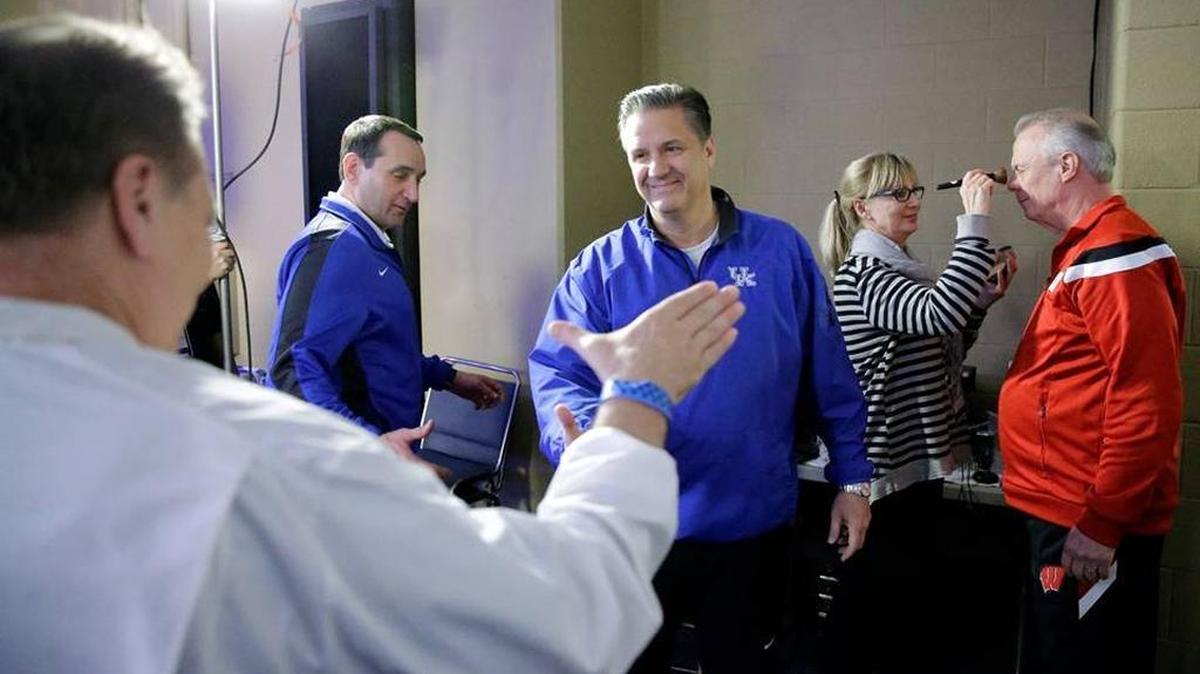 Tom Izzo, left, Mike Krzyzewski, John Calipari and Bo Ryan greet each other at the 2015 Final Four in Indianapolis.