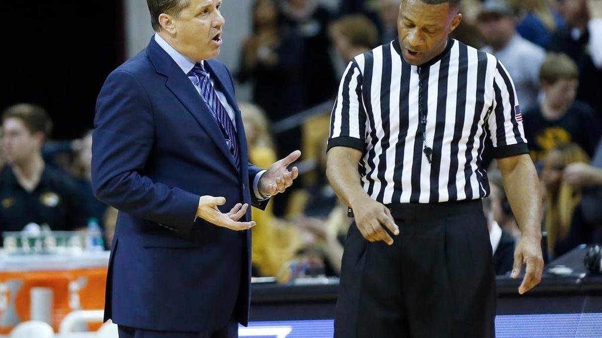 Kentucky coach John Calipari moments before he received a technical foul during UK’s 72-62 win over the Missouri Tigers in Mizzou Arena in Columbia, Mo., Tuesday, February 21, 2017. The is second half college basketball action.