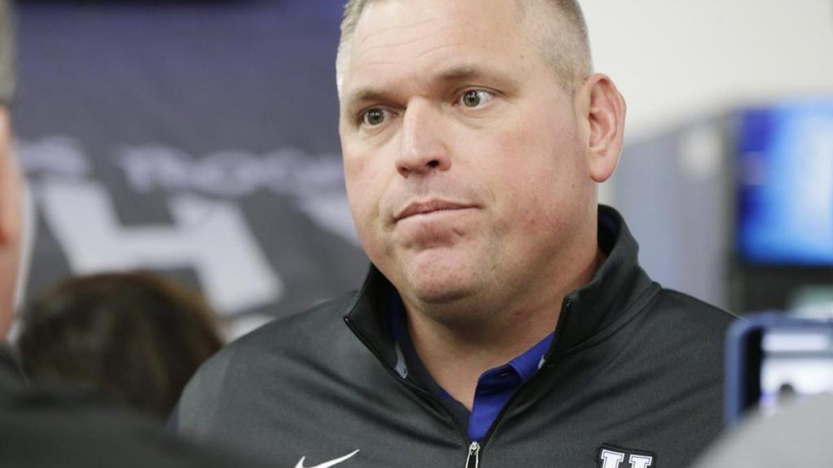 Kentuck offensive line coach John Schlarman spoke to media on football signing day at Commonwealth Stadium in Lexington, Ky., on Feb. 1, 2017. Schlarman is mixing and matching combinations for UK’s line heading into the 2017 season.