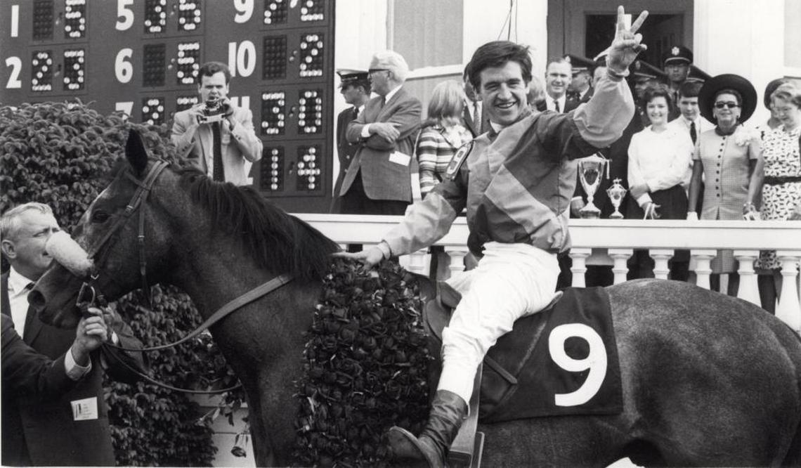 Jockey Bobby Ussery flashed the victory sign atop Dancer’s Image in the winner’s circle of the 94th Kentucky Derby at Churchill Downs on May 4, 1968. Dancer’s Image was later disqualified and placed last due to a positive drug test following the race. Calumet Farm’s Forward Pass became the designated winner of the 94th Kentucky Derby.