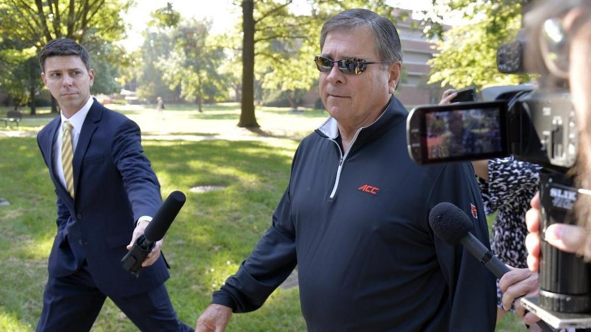 Now former University of Louisville athletic director Tom Jurich arrives at the University’s administration building for a meeting, Wednesday, Sept. 27, 2017, in Louisville, Ky., after an FBI investigation into college basketball recruiting allegedly implicated U of L’s basketball program.