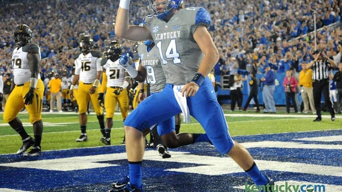 Patrick Towles celebrates a touchdown in Kentucky’s 21-13 win over Missouri last season. The former Ft. Thomas Highlands star is a graduate transfer at Boston College this season.