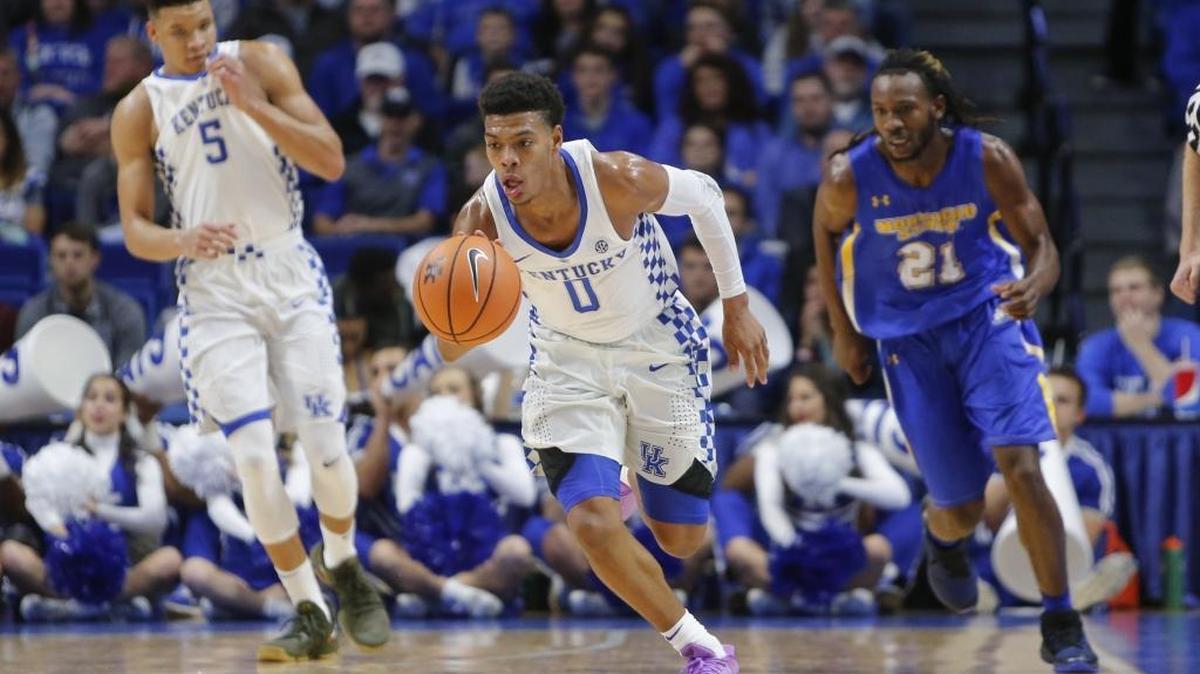 Kentucky guard Quade Green (0) runs up the court after a steal against the Morehead State Eagles during the Kentucky Cares Classic at Rupp Arena on Monday, October 30, 2017 in Lexington, Ky. Green scored 20 points in UK’s 92-67 victory.
