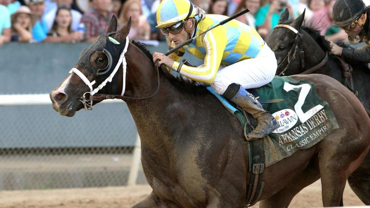 Classic Empire and jockey Julien R. Leparoux win the Arkansas Derby on Saturday, April 15 2017, at Oaklawn Park in Hot Springs, Ark. The 2016 Breeders’ Cup Juvenile winner is now second in the point standings for the 2017 Kentucky Derby on May 6 at Churchill Downs in Louisville.