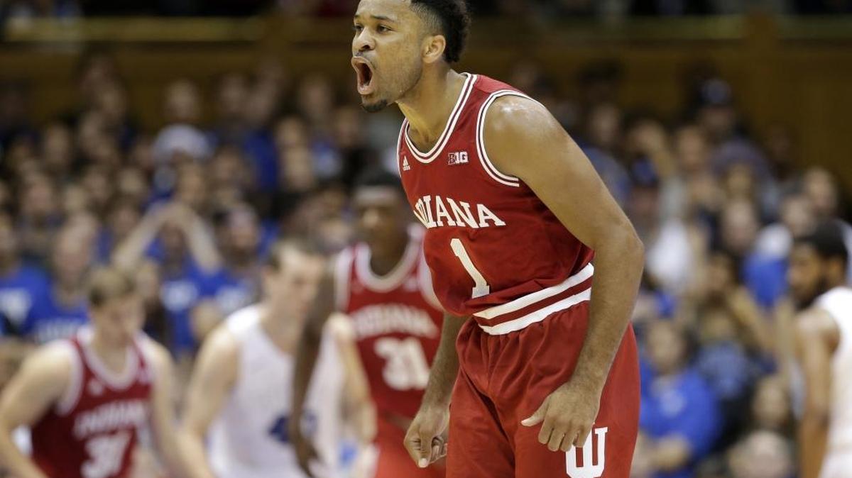 In this Dec. 2, 2015, file photo, Indiana's James Blackmon Jr. (1) reacts during the first half of an NCAA college basketball game against Duke in Durham, N.C. Blackmon has withdrawn from the NBA draft, the Hoosiers announced Tuesday, May 24, 2016.