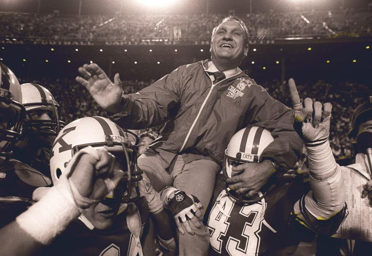 Kentucky Coach Jerry Claiborne was carried off the field after UK beat Wisconson 20-19 in the 1984 Hall of Fame Bowl in Birmingham. It was the most recent time Kentucky (9-3) won nine games in a season.