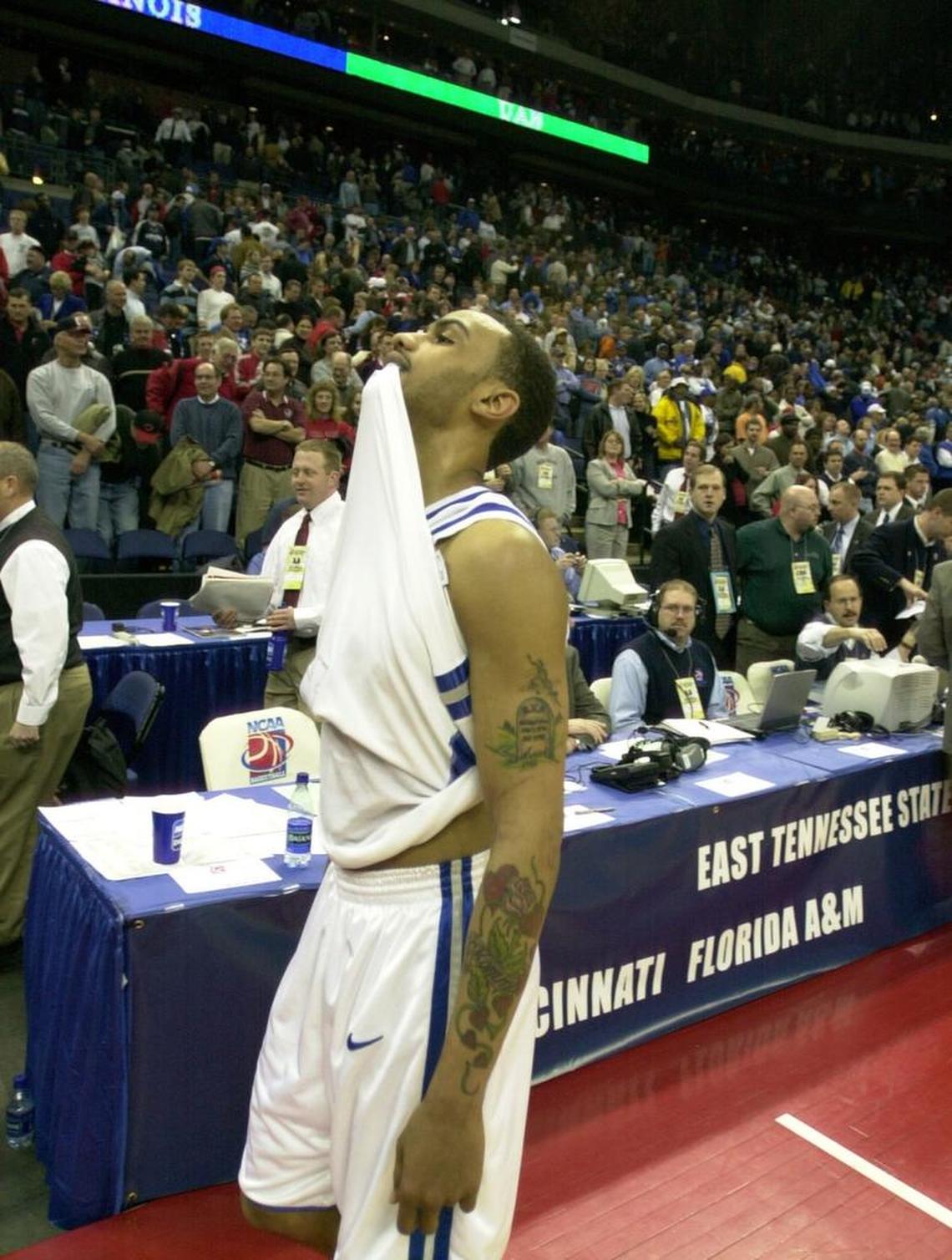 Kentucky guard walked off the court dejectedly after his attempted game-winning shot misfired and No. 1 seed UK fell to No. 9 UAB 76-75 in the 2004 NCAA Tournament round of 32.