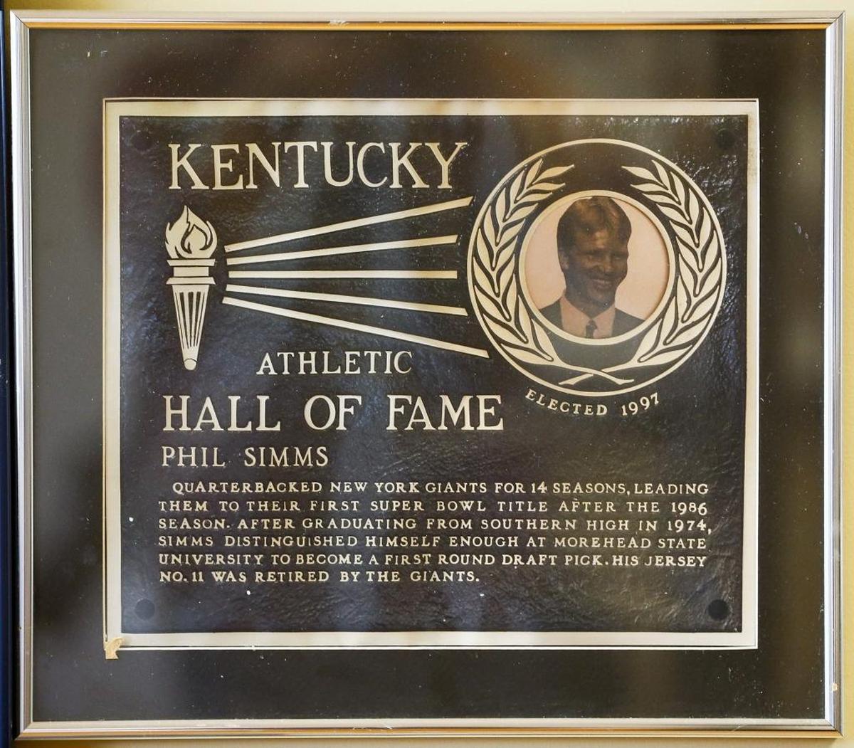 Phil Simms’ Kentucky Athletic Hall of Fame plaque is on display at the Phil Simms Museum located inside the Springfield Opera House in Springfield.
