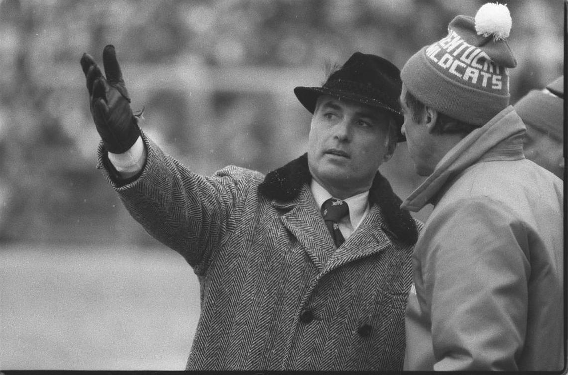 Fran Curci, left, went 10-1 in his fifth season as University of Kentucky football coach in 1977.