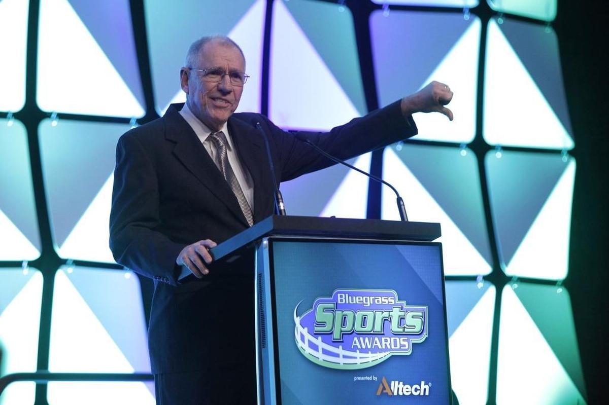 Herald-Leader sportswriter Jerry Tipton tells an old story about former UK coach Joe B. Hall telling him where sportswriters end up after being presented the Tom Hammond Kentucky Sports Media Award during the 2018 Bluegrass Sports Awards at Lexington Center.