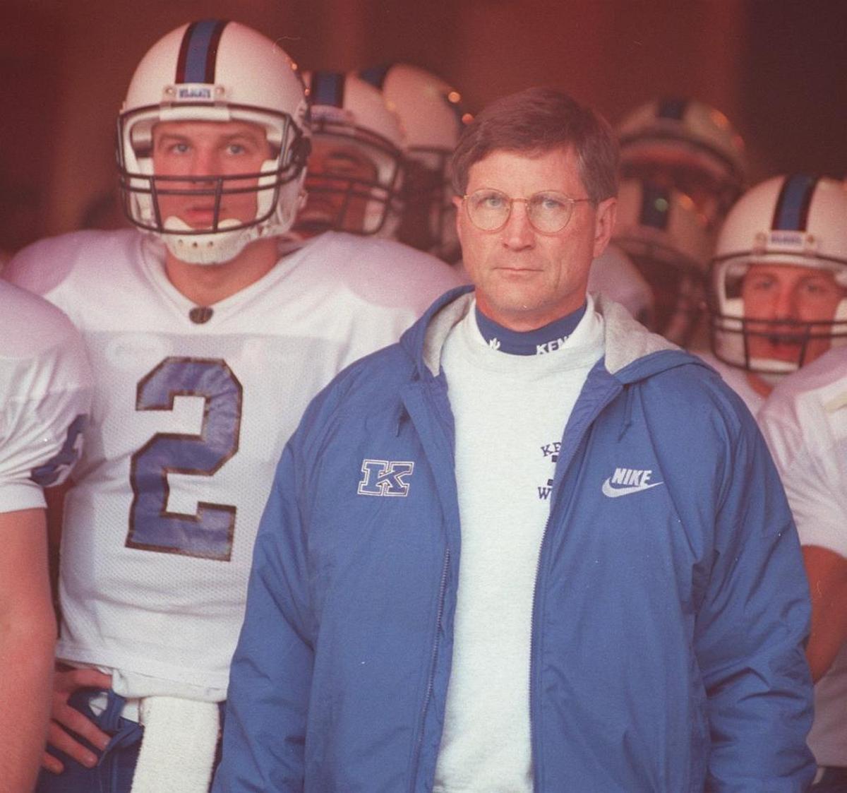 Bill Curry near the end of his final game as Kentucky coach, a 56-10 loss at Tennessee in 1996, that ended the Wildcats’ season at 4-7. In the game, UK used true freshman Jimmy Haley at fullback, burning his redshirt.