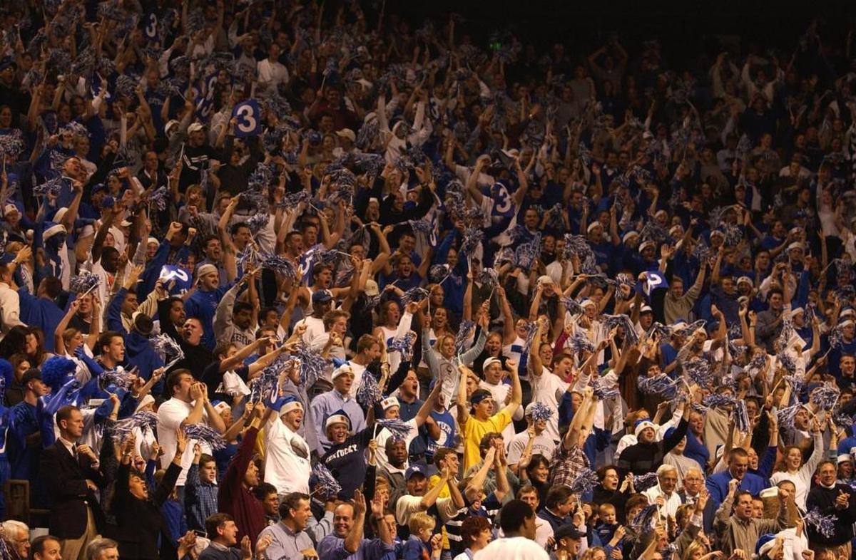 Kentucky fans roared after Tayshaun Prince made his fifth straight three-point shot in the first half against North Carolina in what became a 79-59 UK win over the Tar Heels in Rupp Arena on Dec. 8, 2001.