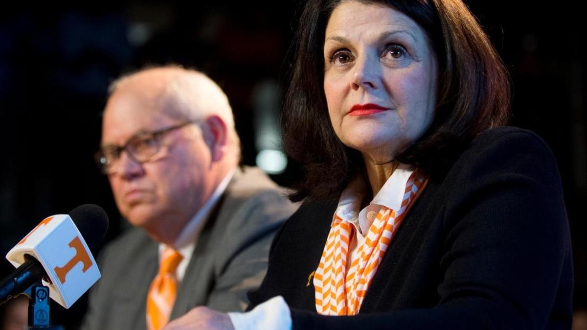 University of Tennessee Chancellor Beverly J. Davenport, right, and Phillip Fulmer at the news conference Friday where the ex-UT football coach was installed as the Volunteer’s fourth athletics director since 2010.
