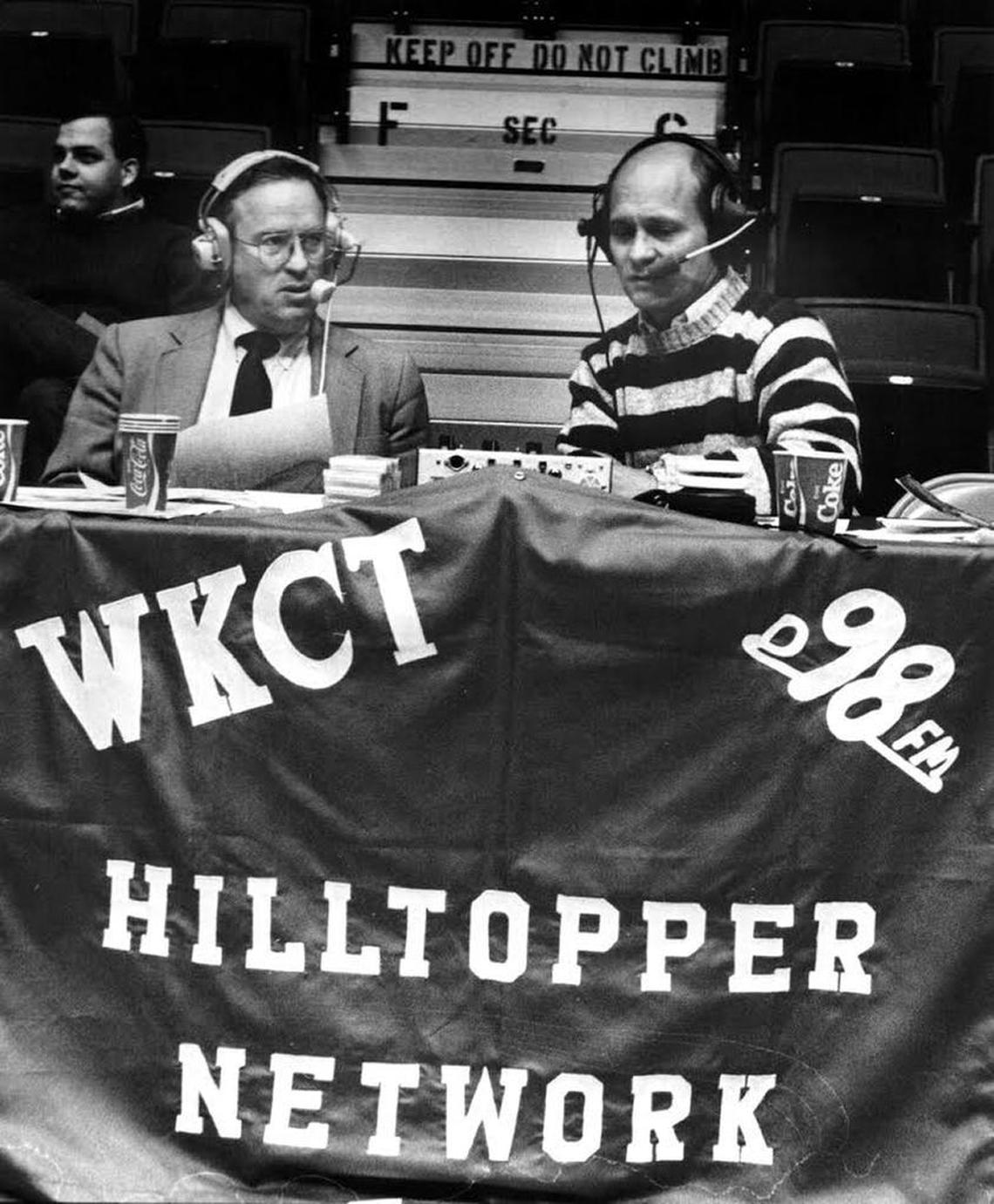 Wes Strader, left, was the radio play-by-play voice of the Western Kentucky Hilltoppers from 1964 through 2000. In 2008-09, he returned to WKU athletics broadcasts as the host of pregame and postgame radio call-in shows.