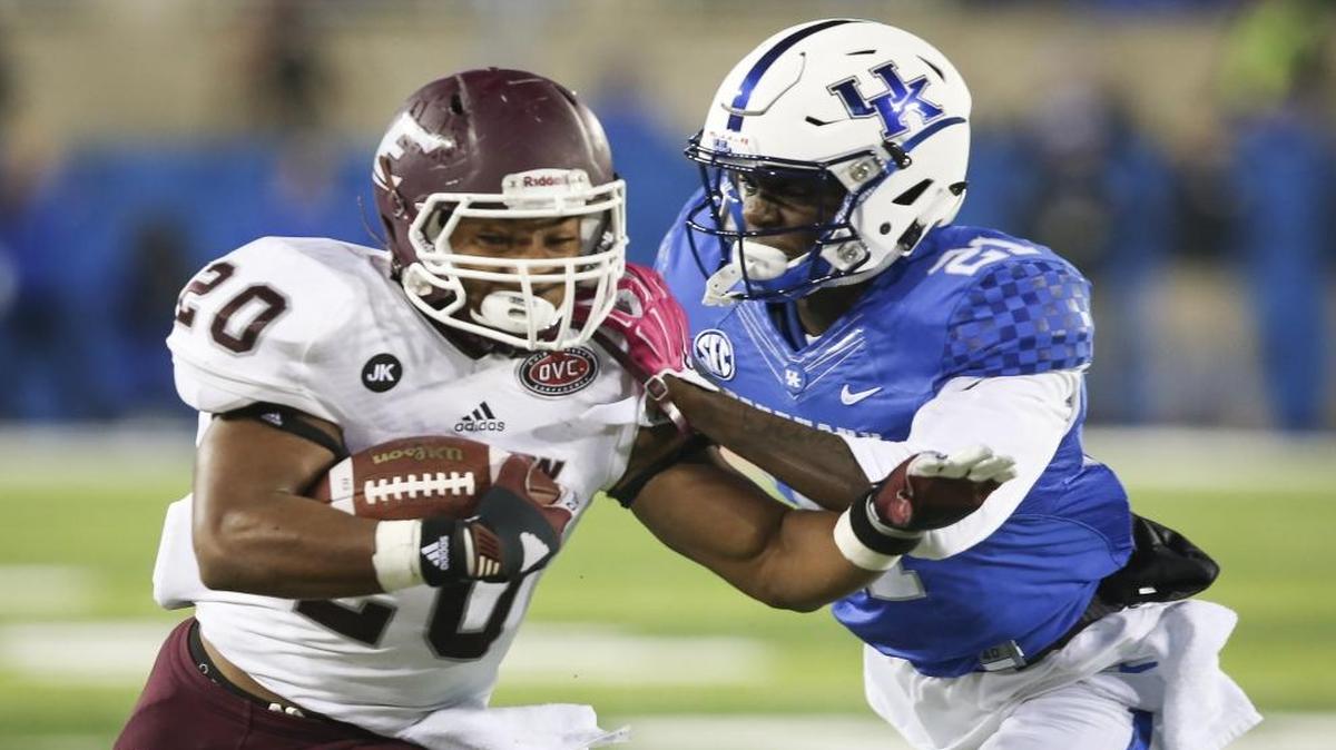 As a freshman two years ago, Eastern Kentucky running back Ethan Thomas, No. 20, ran for 84 yards against Kentucky in Lexington in Eastern’s heart-wrenching 34-27 overtime loss to UK. Now a junior, the EKU back will get another chance against the Cats Sept. 9.