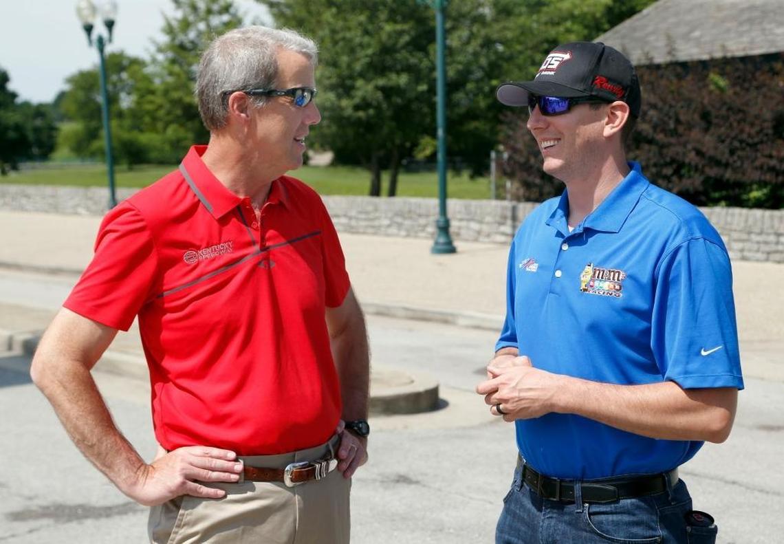 Kyle Busch, right, chatted with Kentucky Speedway General Manager Mark Simendinger, Thursday at the Kentucky Horse Park. Busch has won two Cup Series races and seven major races overall at Kentucky Speedway.
