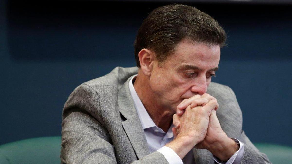 Rick Pitino during the University of Louisville news conference Friday in which is was announced that the NCAA has mandated a five-game suspension after the Committee on Infractions said the Hall of Fame U of L men’s basketball coach “failed in his responsibility to monitor the activities” of former aide Andre McGee.