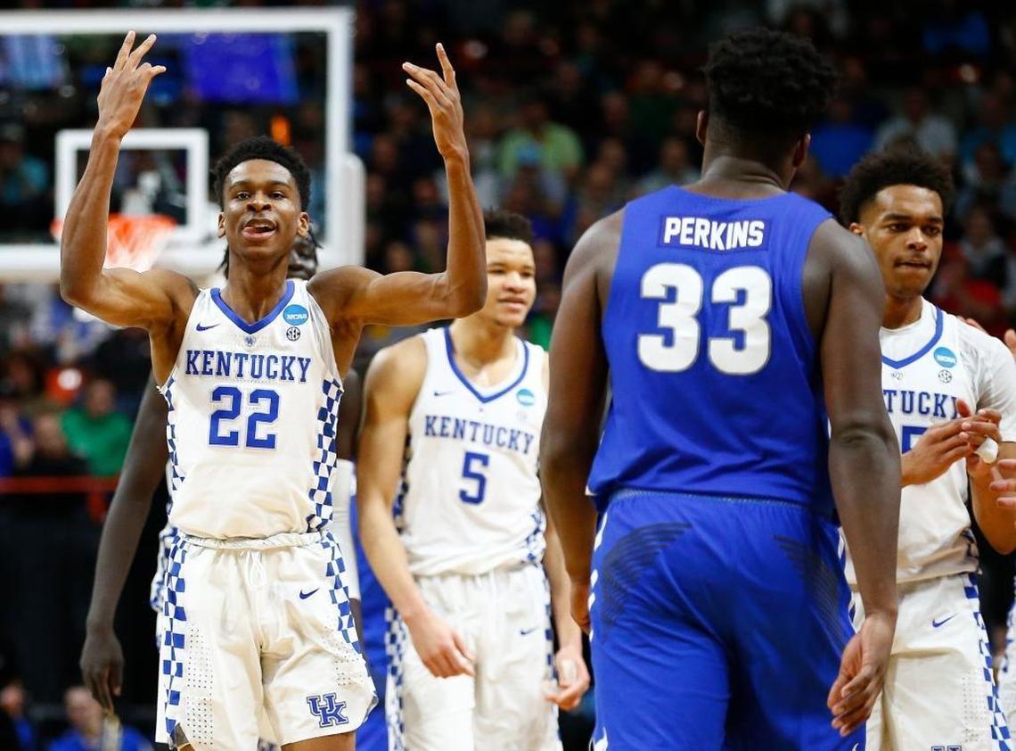 Kentucky guard Shai Gilgeous-Alexander (22) celebrated late in UK’s 95-75 victory over Buffalo in the NCAA Tournament South Region round of 32.