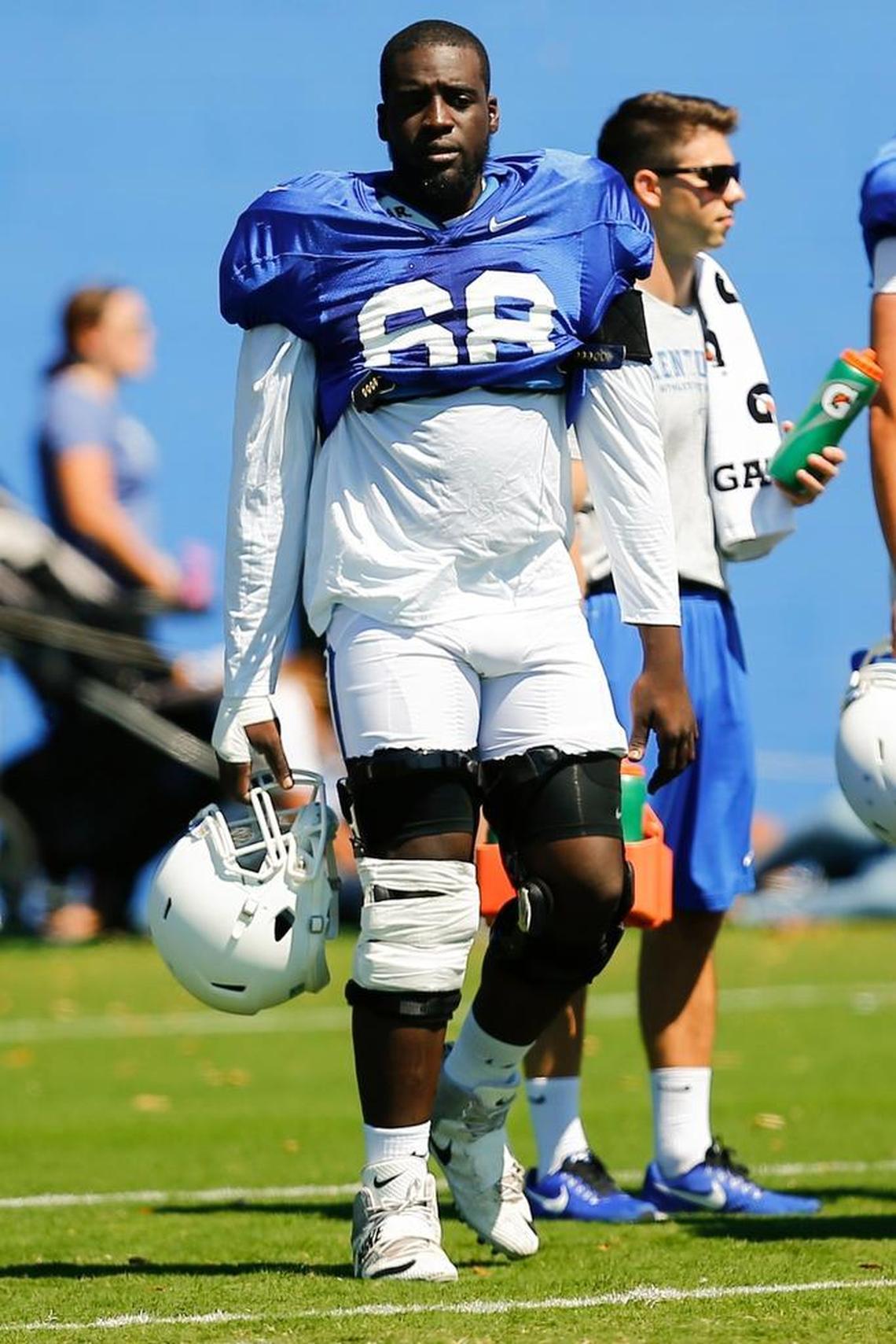 Kentucky guard Nick Haynes (68), a key to UK’s strong offensive line play in 2016, is down to some 260 pounds as he tries to manage Type 1 diabetes.