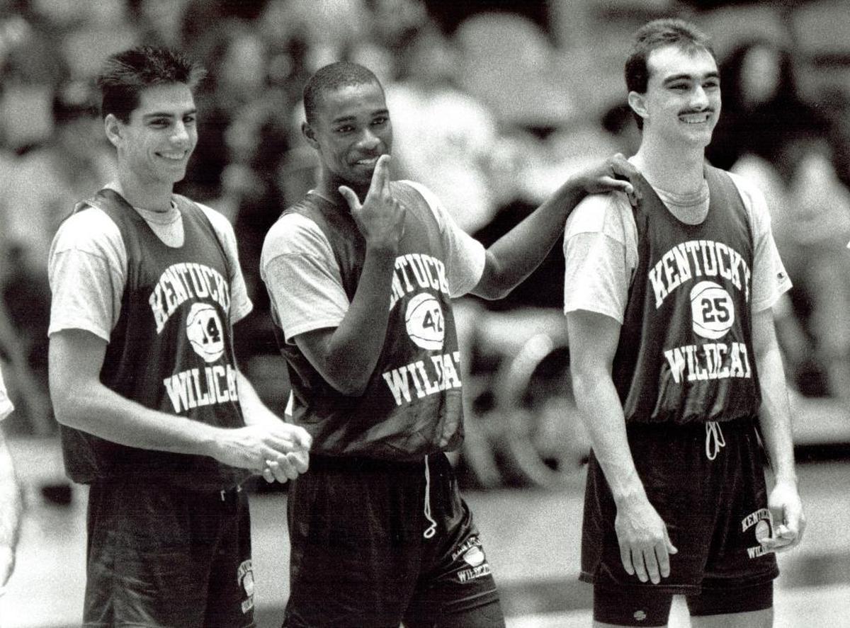 Jody Thompson, far right, during player introductions before the University of Kentucky’s Blue-White scrimmage in Memorial Coliseum on Nov. 19, 1990.