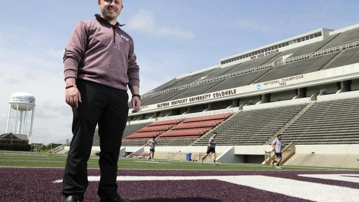 Brandon Lawson, the new director of recruiting for Eastern Kentucky University Football in Richmond, Ky, on May 11, 2016. As a Marine, Lawson was a crew chief for Marine One, the helicopter that transports the President of the United States in 2007-08.