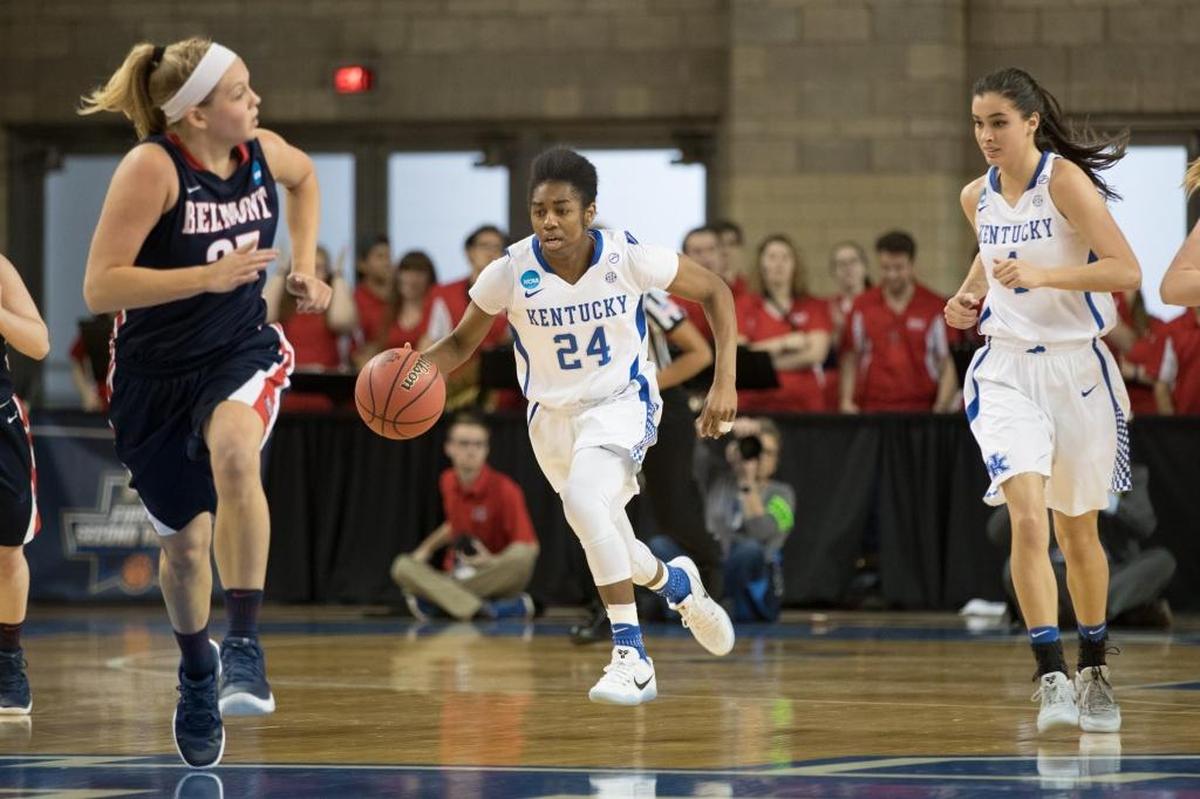 The speed and quickness of point guard Taylor Murray, with ball, is a prime reason Kentucky Coach Matthew Mitchell plans to re-emphasize an uptempo pace of play for the Wildcats in 2017-18.