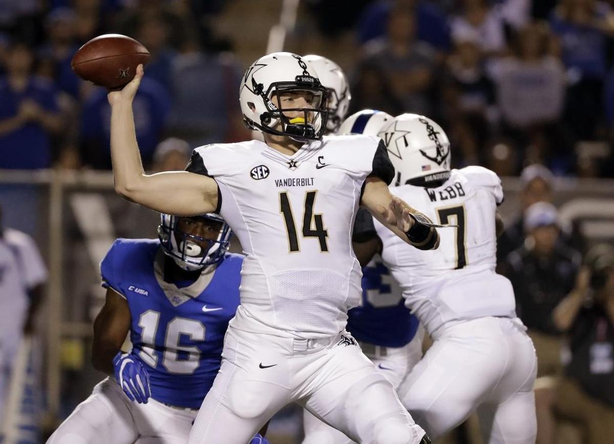 Vanderbilt quarterback Kyle Shurmur (14) will be looking for payback against Kentucky when the Commodores visit Lexington Oct. 20th. Shurmur threw four interceptions in a 44-17 loss to UK last season in Nashville.