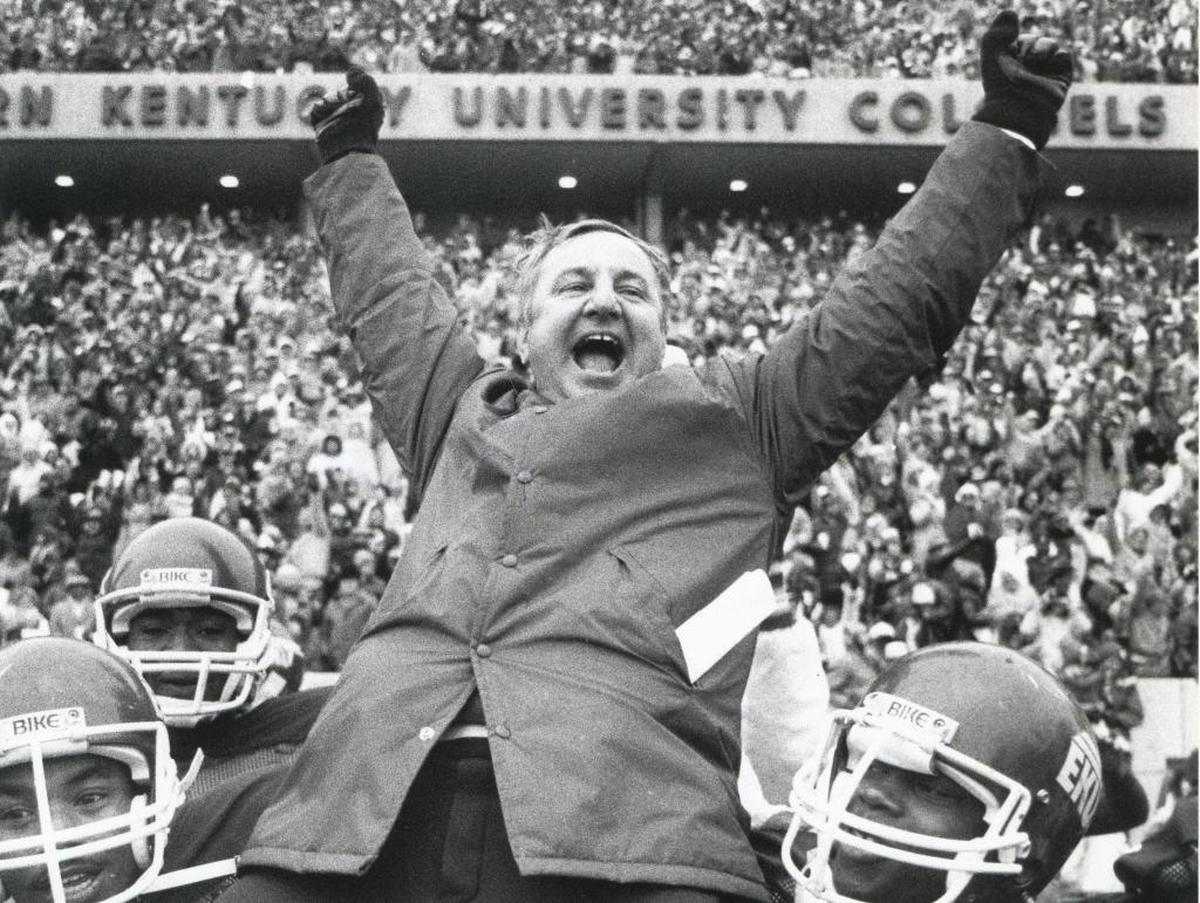 Eastern Kentucky Coach Roy Kidd got a ride to the locker room after EKU earned its fourth straight trip to the NCAA Division I-AA football championship game with a 13-7 victory over Tennessee State on Dec. 11, 1982
