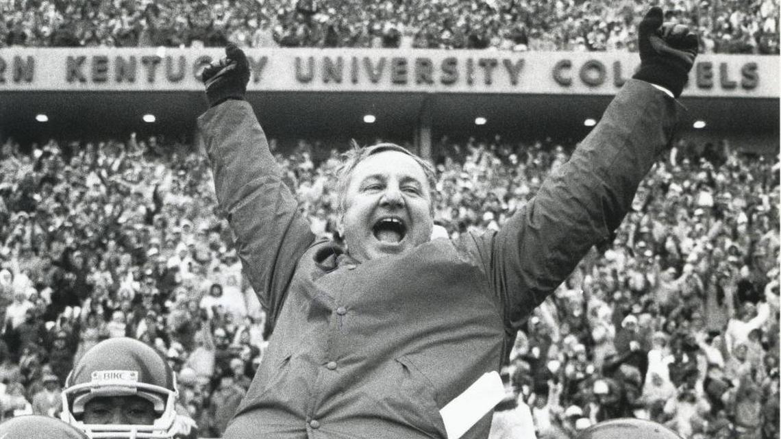 Coach Roy Kidd got a ride to the locker room after Eastern Kentucky earned its fourth straight trip to the NCAA Division I-AA football championship game with a 13-7 victory over Tennessee State on Dec. 11, 1982.
