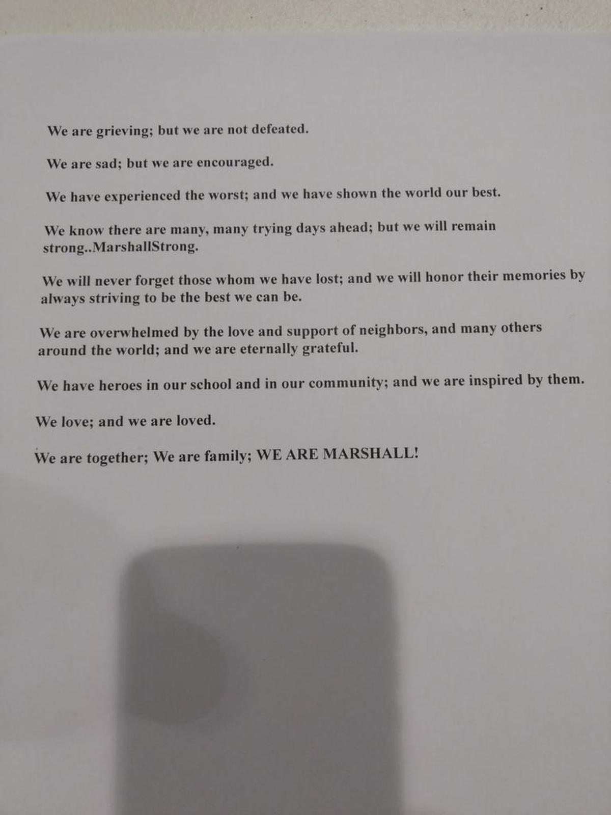The script Marshall County High School radio play-by-play announcer Jeff Waters wrote for the first broadcast of Marshals basketball following the Jan. 23 shooting at the school that left two 15-year-olds dead.