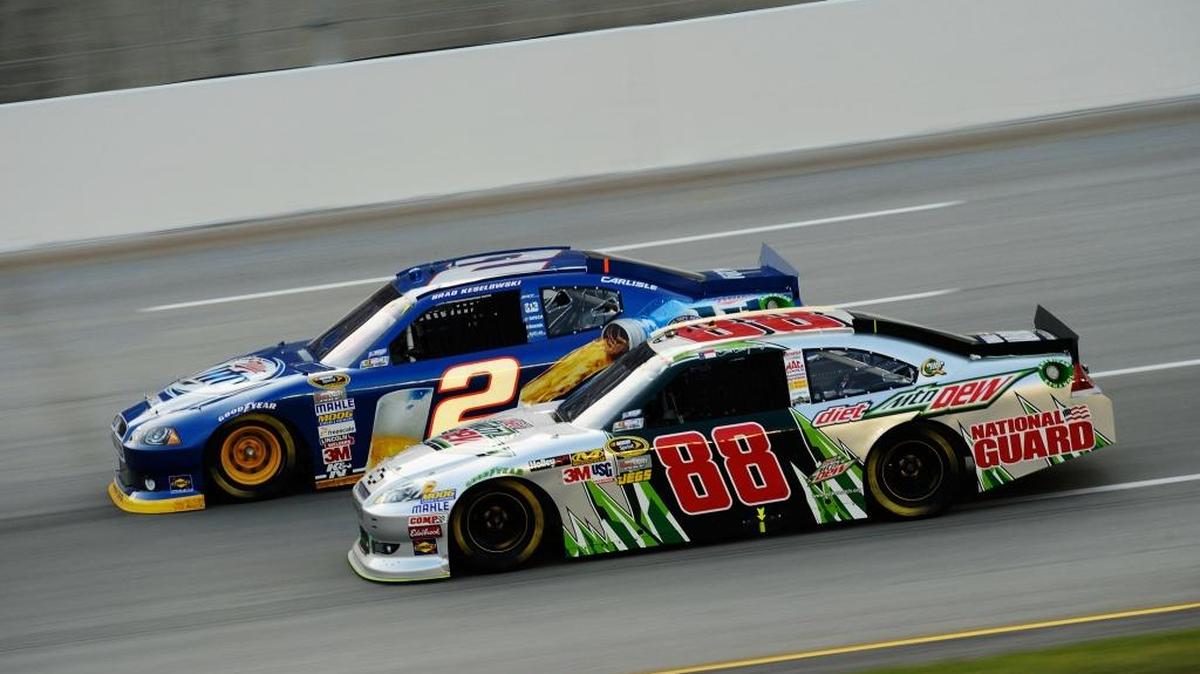 Brad Keselowski (2) and Dale Earnhardt Jr. (88) raced during the NASCAR Sprint Cup Series Quaker State 400 at Kentucky Speedway on June 30, 2012 in Sparta, Kentucky.