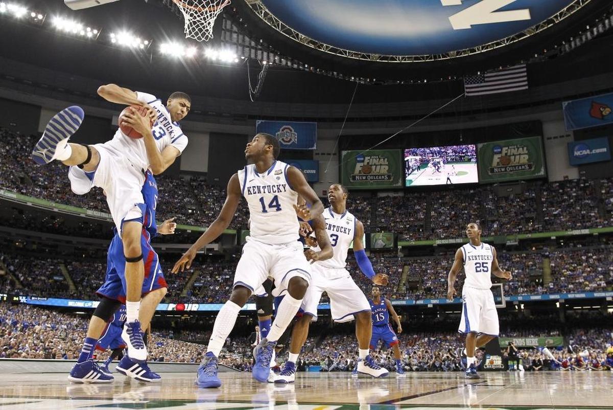 Anthony Davis, claiming rebound, and Kentucky claimed victory in the most consequential game the Wildcats have played against Kansas in the Bill Self coaching era, a 67-59 UK victory in the 2012 NCAA title game.
