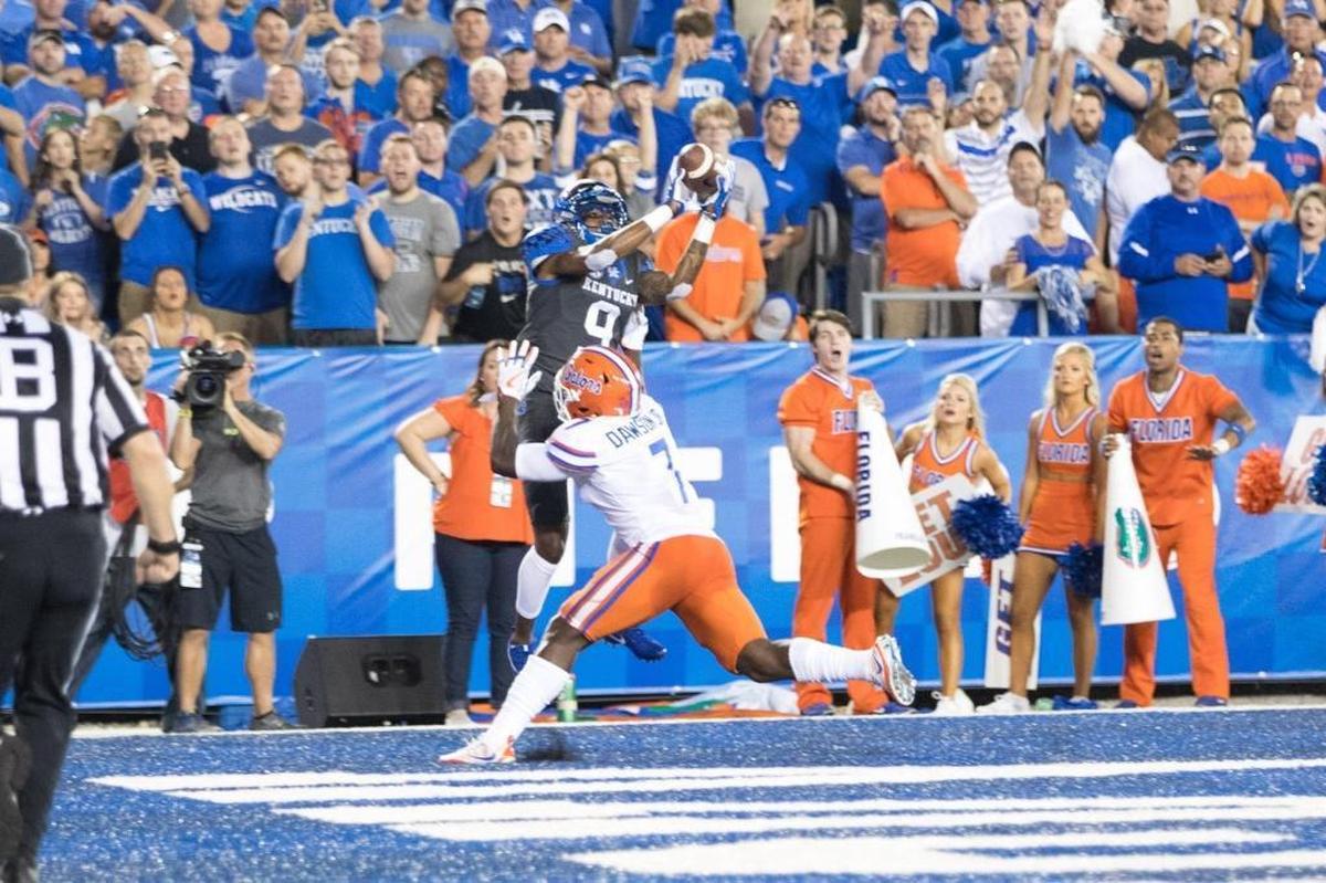 Kentucky senior wide receiver Garrett Johnson, No. 9, leads the Wildcats with 27 catches and 333 receiving yards.