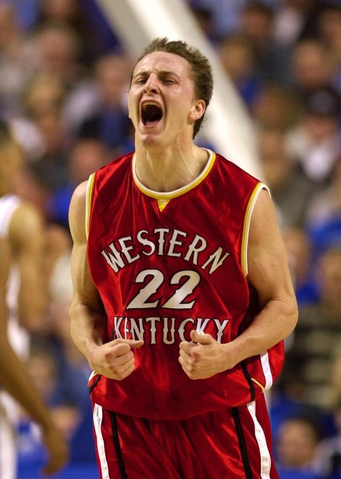 Western Kentucky guard Patrick Sparks exulted after making a basket in WKU’s 64-52 victory over Kentucky in Rupp Arena on Nov. 15, 2001. Sparks later transferred and finished his career playing for Kentucky.