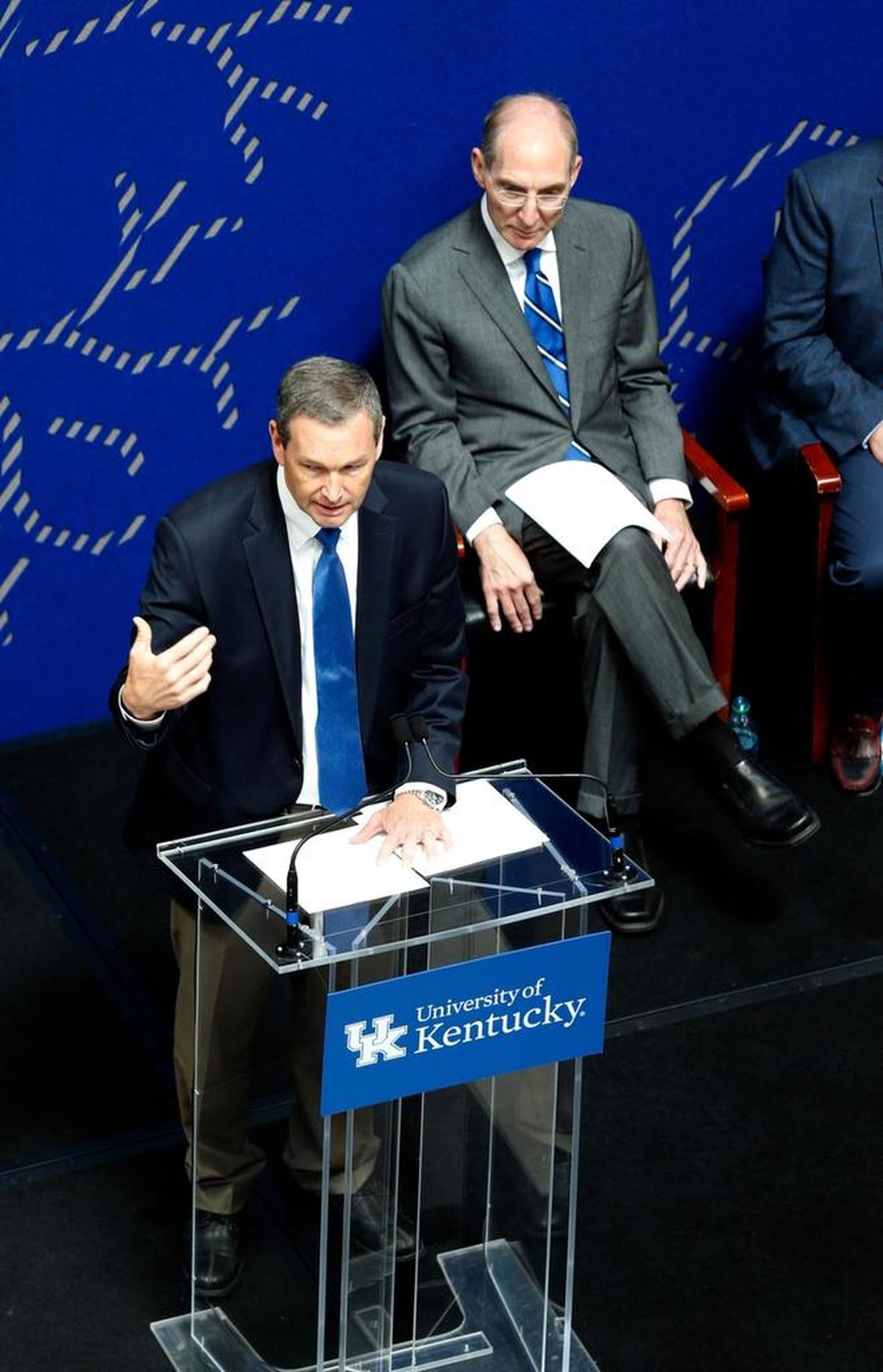 University of Kentucky Athletic Director Mitch Barnhart, with UK President Eli Capilouto in the background, making the announcement May 1st that Commonwealth Stadium is now Kroger Field.